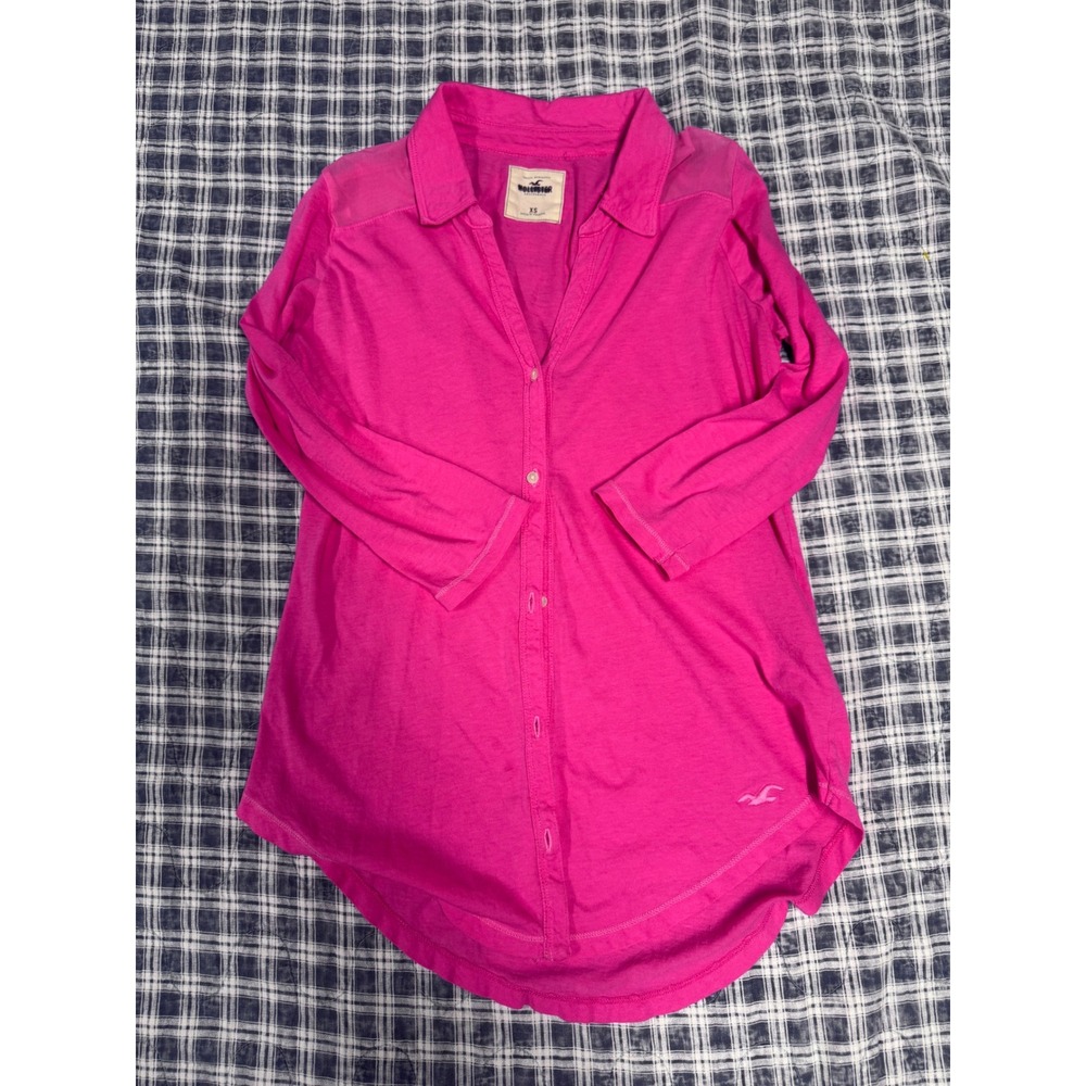 Y2K Hollister Hot Pink Button Down Shirt Women XS Long Sleeve Jersey Knit Mesh
